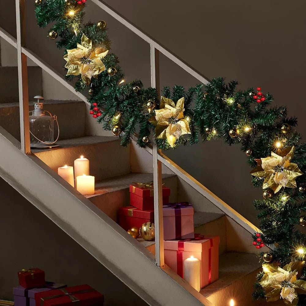 Artificial Christmas Garland Decorations with Lights, Christmas Wreaths for Xmas Tree Front Door Fireplaces Stairs Decor Wreath - Tü - huB