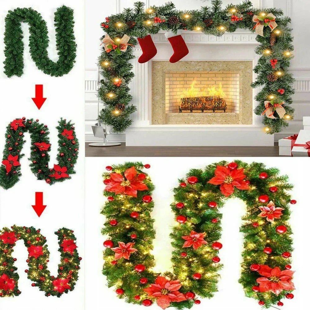 Artificial Christmas Garland Decorations with Lights, Christmas Wreaths for Xmas Tree Front Door Fireplaces Stairs Decor Wreath - Tü - huB