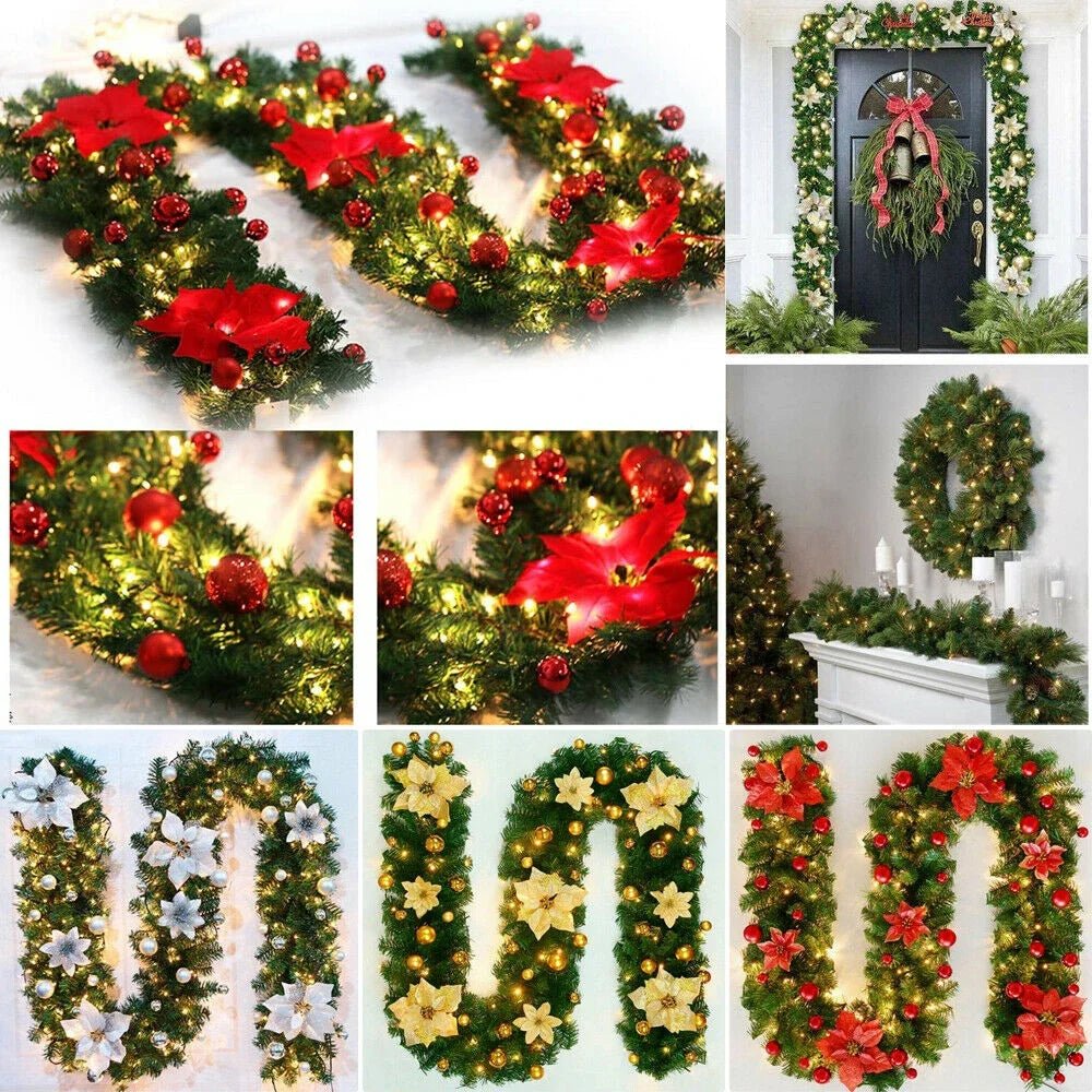 Artificial Christmas Garland Decorations with Lights, Christmas Wreaths for Xmas Tree Front Door Fireplaces Stairs Decor Wreath - Tü - huB