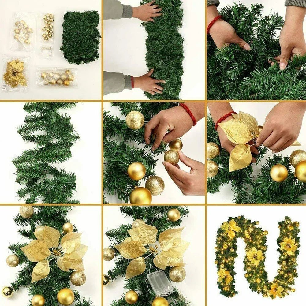 Artificial Christmas Garland Decorations with Lights, Christmas Wreaths for Xmas Tree Front Door Fireplaces Stairs Decor Wreath - Tü - huB