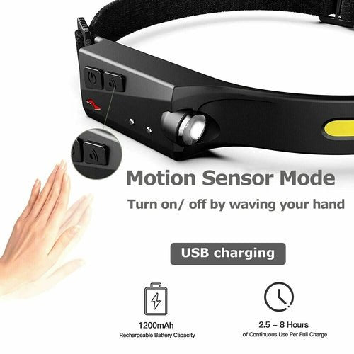 COB LED Headlamp USB Rechargeable Headlight Torch Work Light Bar Head - Tü - huB